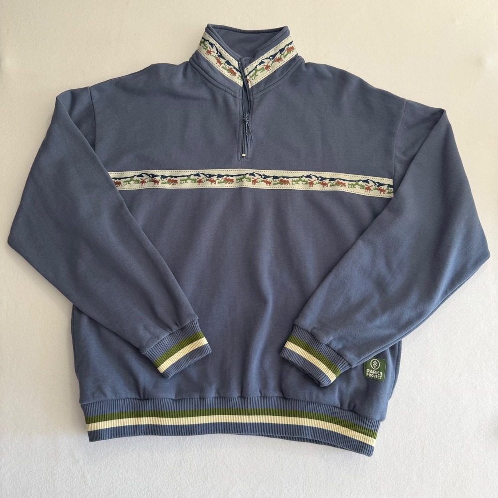 Parks Project Acadia Moose Quarter Zip Fleece Blue Unisex XXL